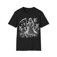 Macabre Threads Black Abyss Beckons – Grim Reaper Cliffside T-Shirt