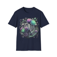 Macabre Threads Navy Phantom Bloom T-Shirt – Gothic Skeleton Floral Design