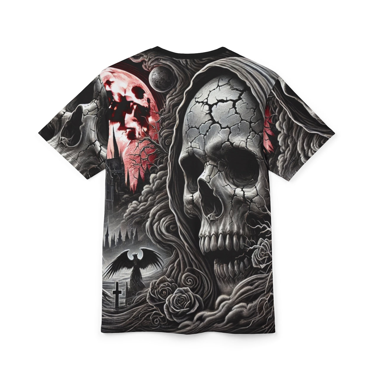 Macabre Threads Crimson Doom All-Over Print T-Shirt – Skull & Shadow Apocalypse Tee