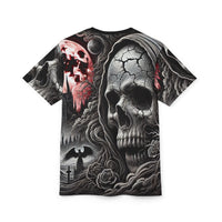 Macabre Threads Crimson Doom All-Over Print T-Shirt – Skull & Shadow Apocalypse Tee