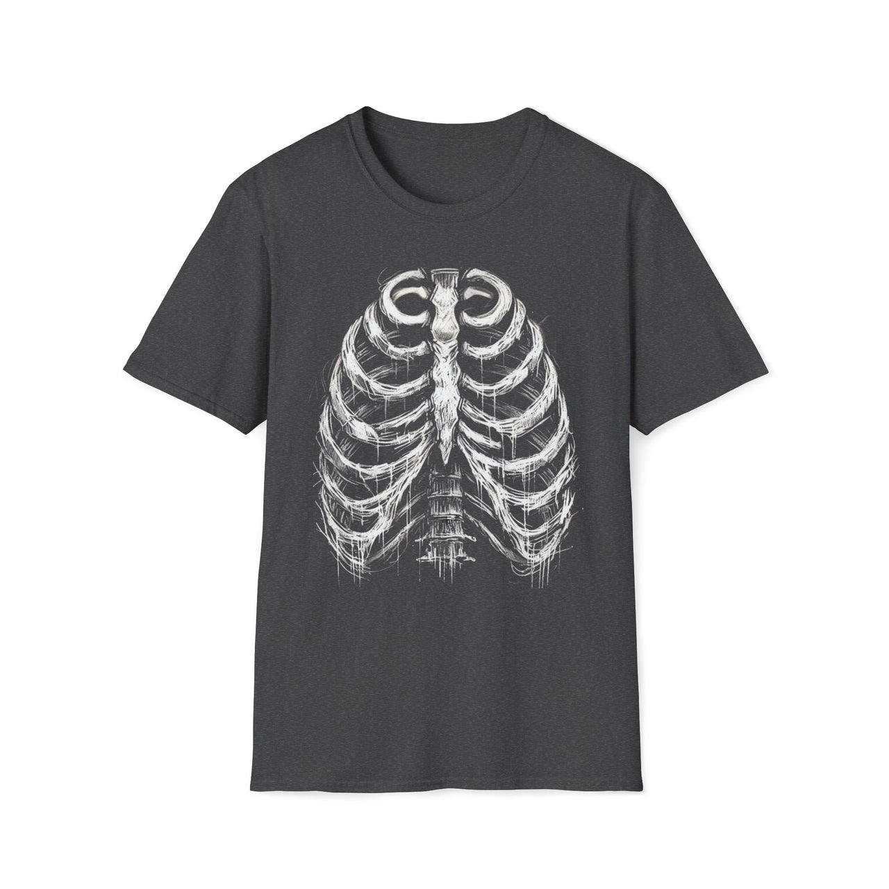 Macabre Threads Dark Heather Hollow Remains T-Shirt – Distressed Ribcage Skeleton Design