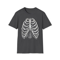 Macabre Threads Dark Heather Hollow Remains T-Shirt – Distressed Ribcage Skeleton Design
