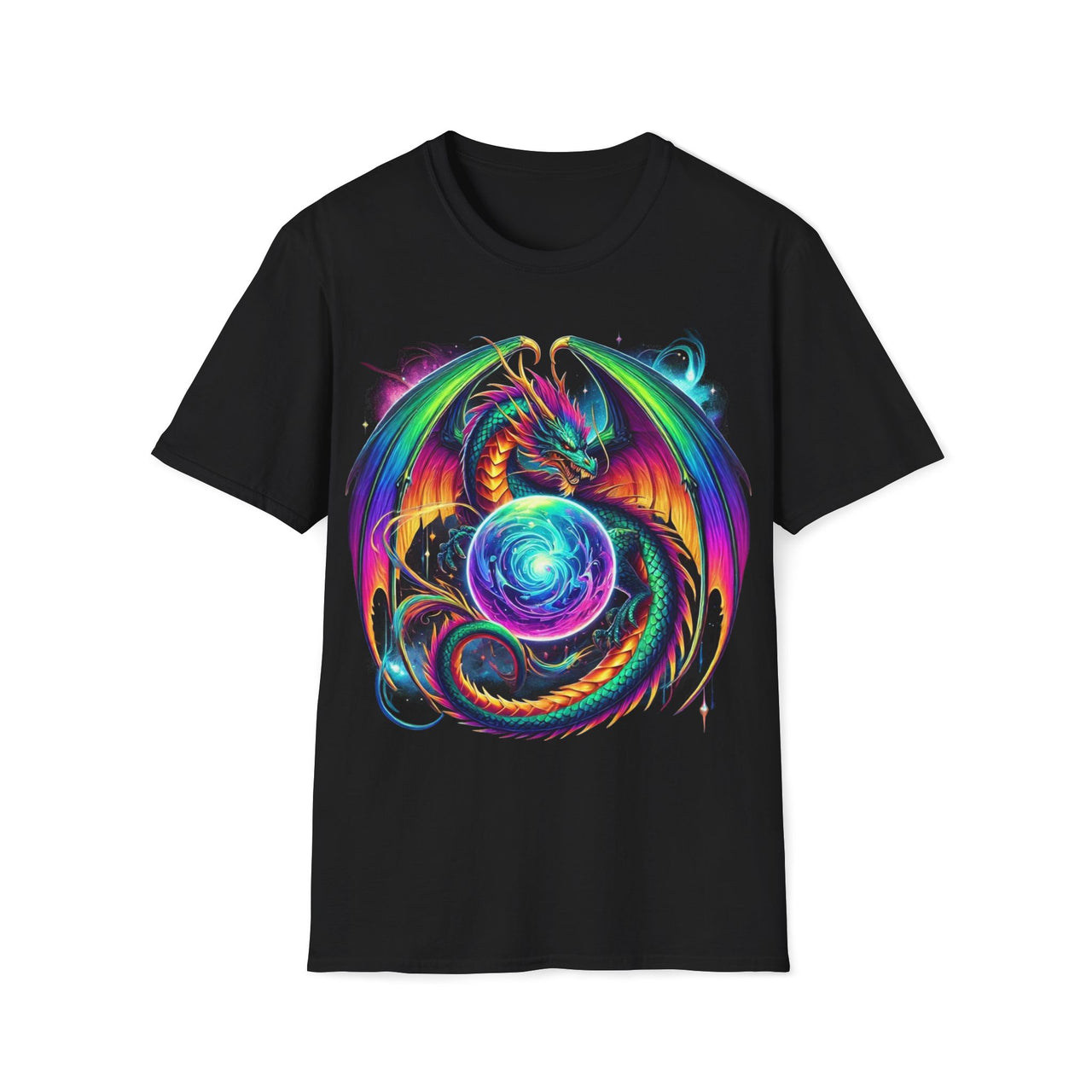 Macabre Threads Black Celestial Fury T-Shirt – Gothic Dragon Cosmic Orb Design