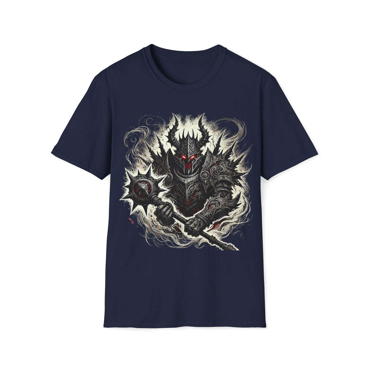 Macabre Threads Navy Knight Fury T-Shirt – Gothic Dark Knight with Mace Design