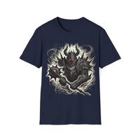 Macabre Threads Navy Knight Fury T-Shirt – Gothic Dark Knight with Mace Design