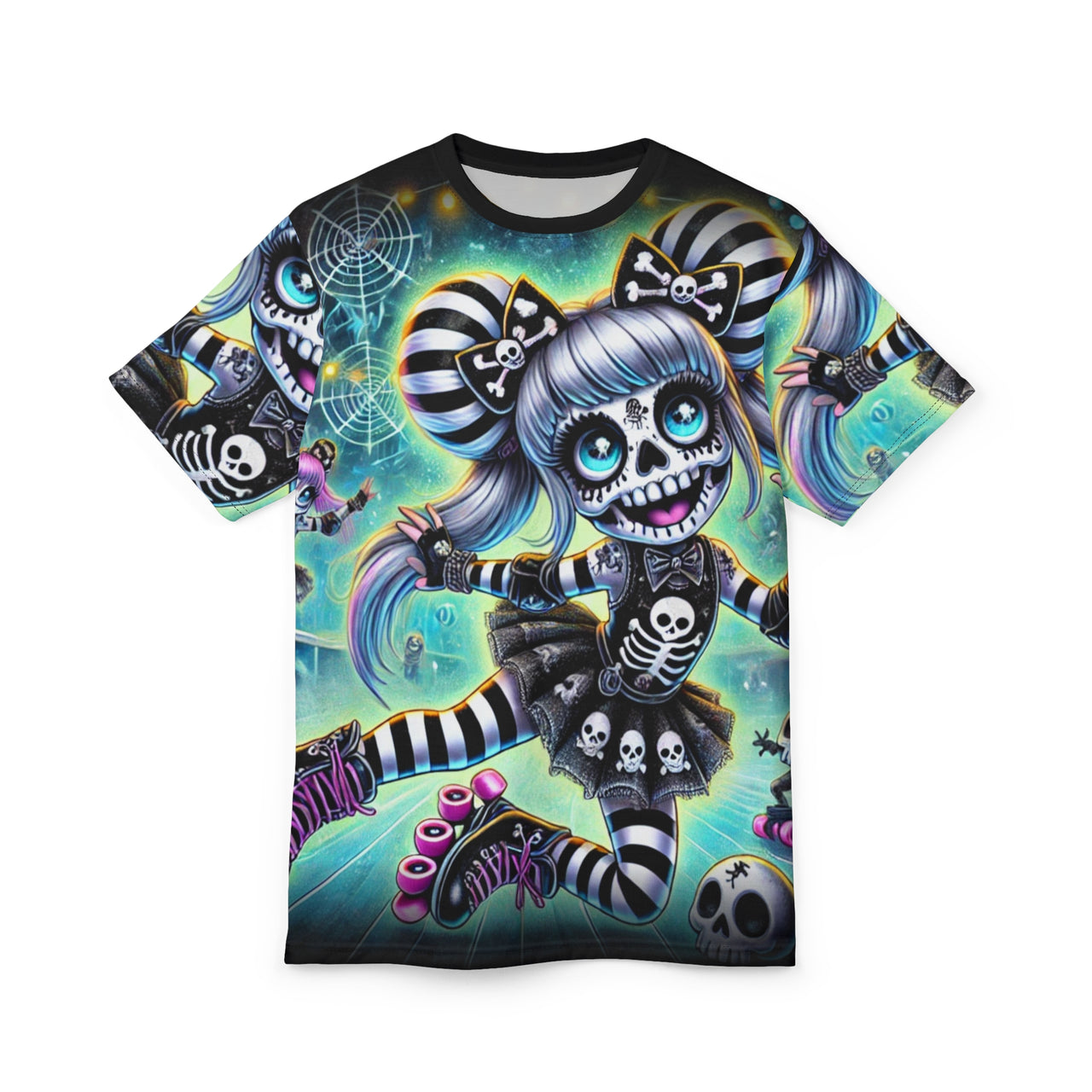 Macabre Threads Black stitching Skelly Skater All-Over Print T-Shirt – Roller-Derby Skull Princess Tee