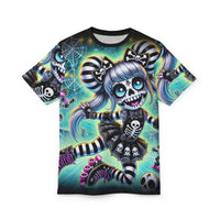 Macabre Threads Black stitching Skelly Skater All-Over Print T-Shirt – Roller-Derby Skull Princess Tee
