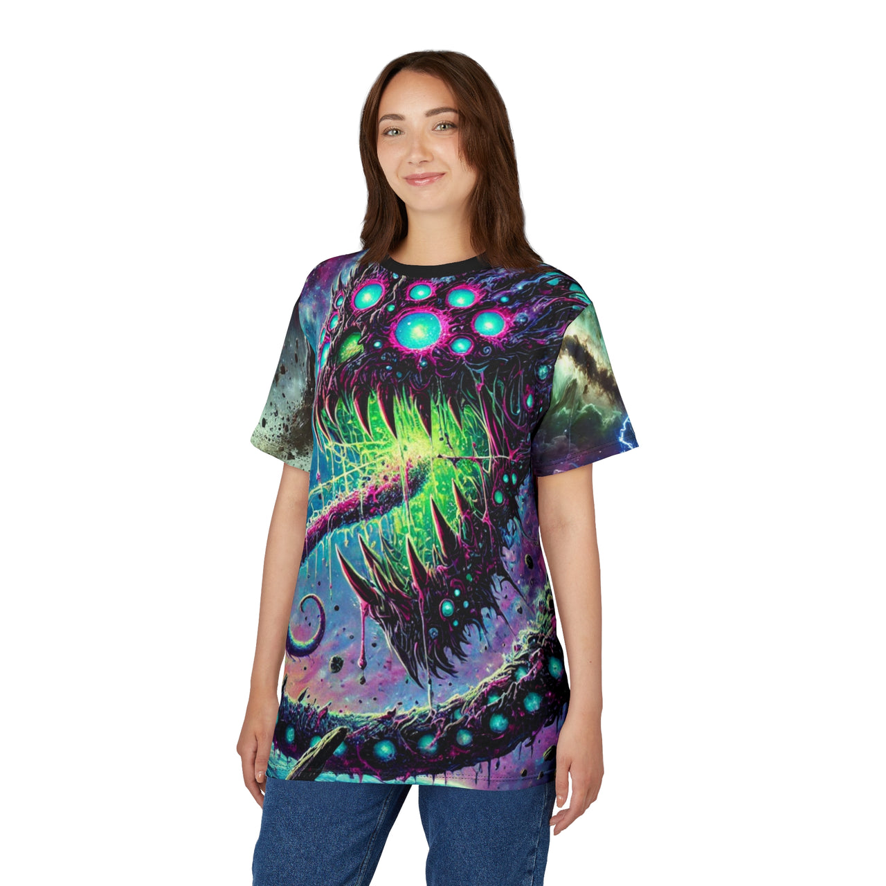 Macabre Threads Cosmic Leviathan All-Over Print T-Shirt – Deep Space Sea Monster Tee
