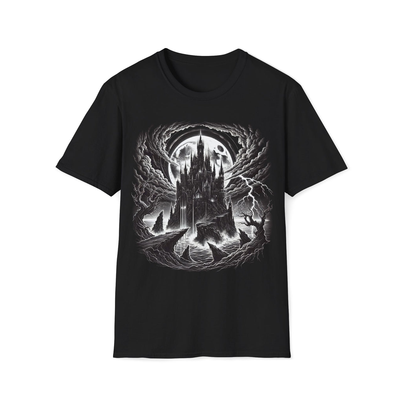 Macabre Threads Black Citadel Of Shadows - Gothic Castle In Storm Tee