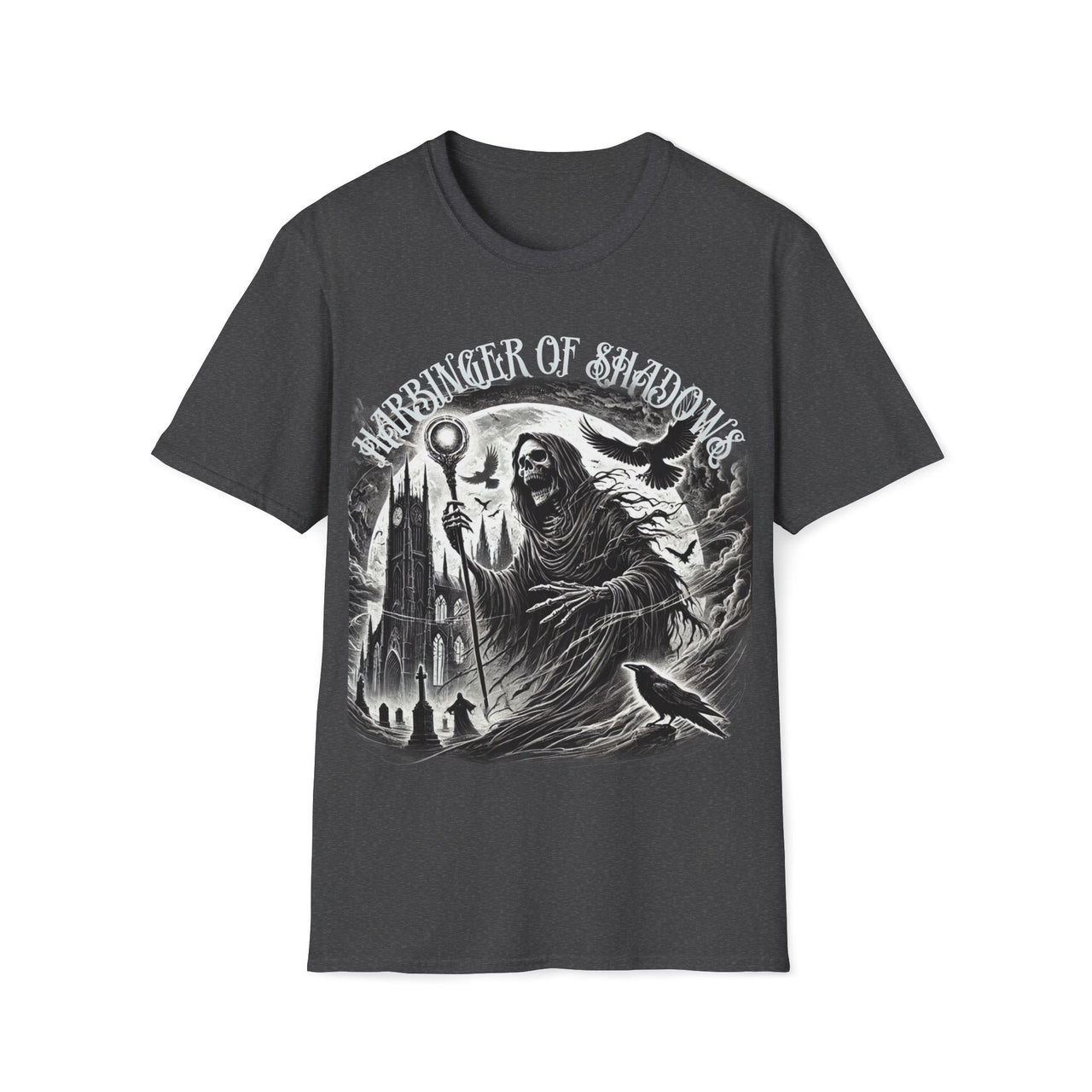 Macabre Threads Dark Heather Harbinger of Shadows – Gothic Reaper T-Shirt With Staff