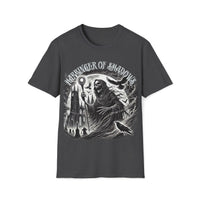 Macabre Threads Dark Heather Harbinger of Shadows – Gothic Reaper T-Shirt With Staff