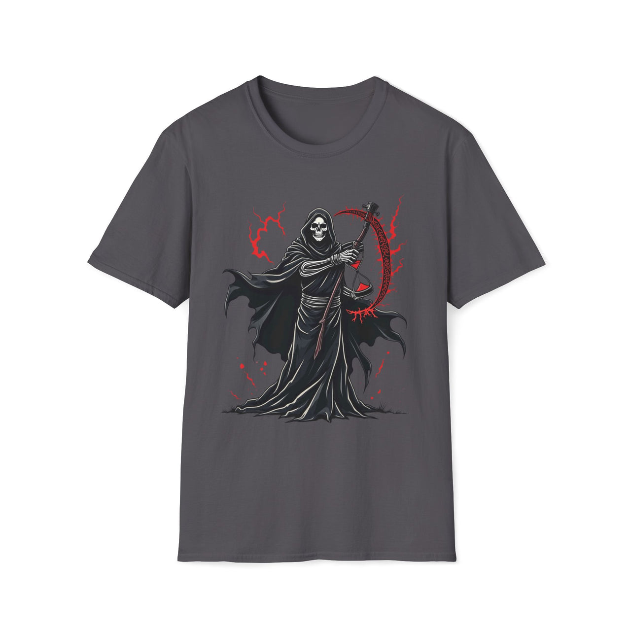 Macabre Threads Charcoal Reaper Essence – Crimson Scythe T-Shirt