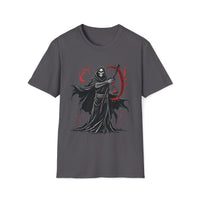 Macabre Threads Charcoal Reaper Essence – Crimson Scythe T-Shirt