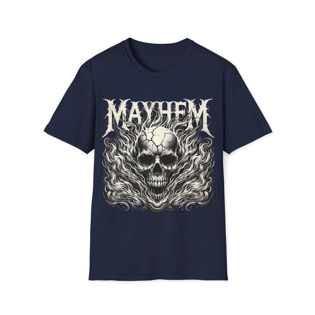 Macabre Threads Navy Mayhem – Flaming Skull T-Shirt