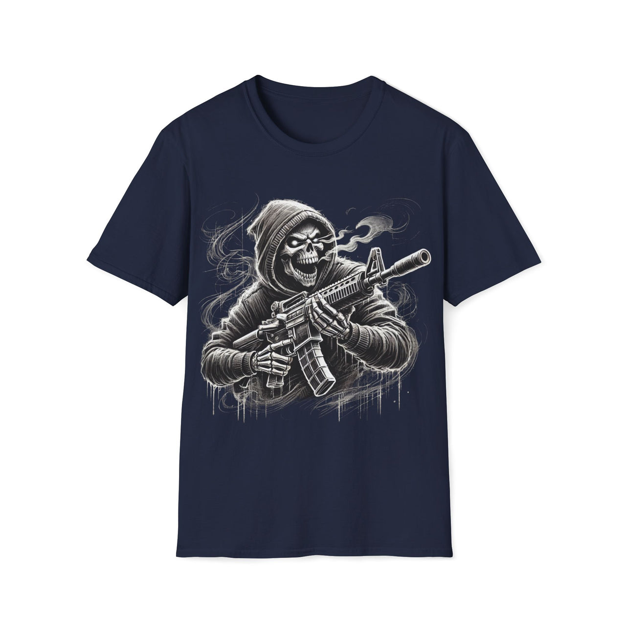 Macabre Threads Navy Grim Vigilante – Grim Reaper Rifle T-Shirt