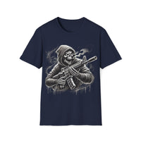 Macabre Threads Navy Grim Vigilante – Grim Reaper Rifle T-Shirt