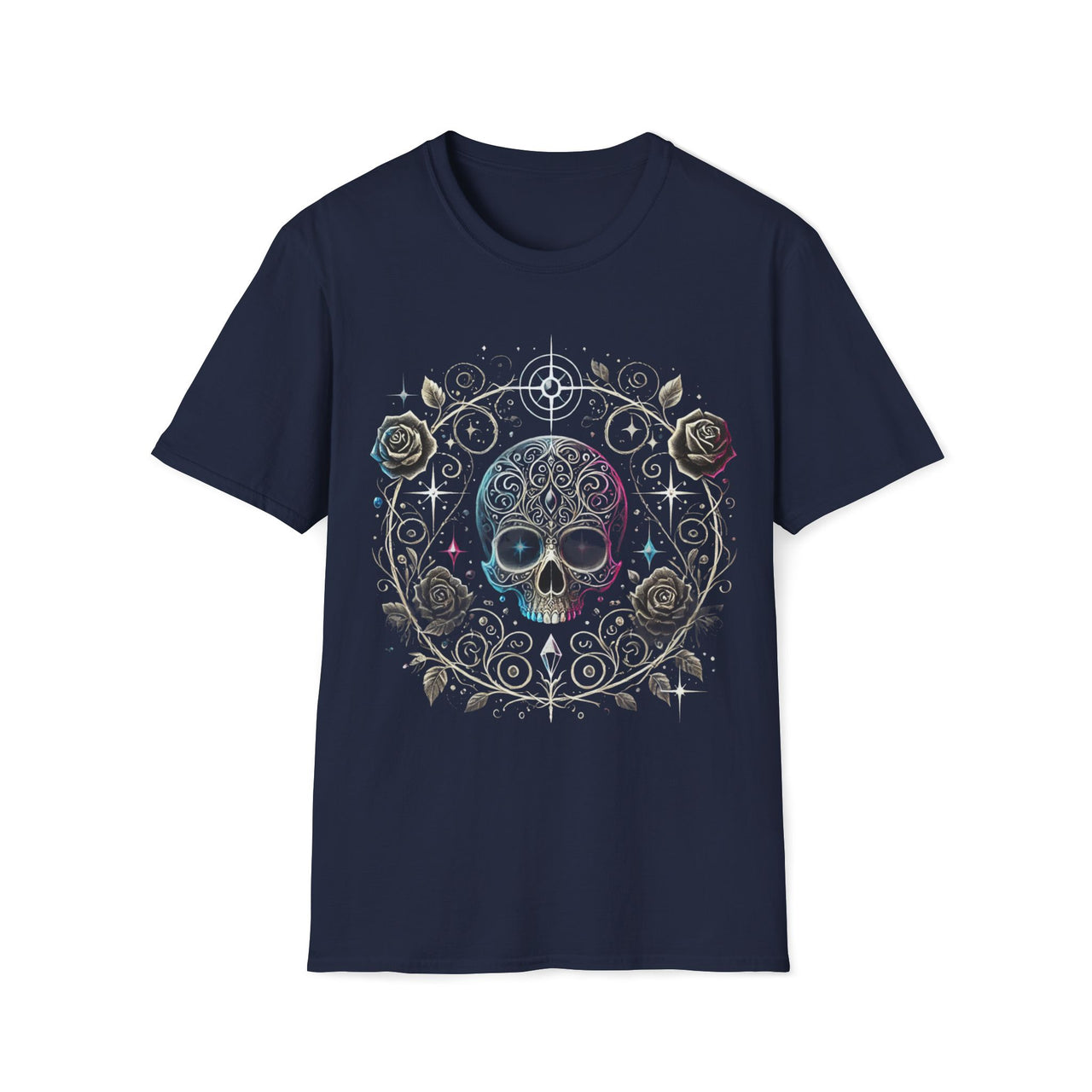 Macabre Threads Navy Eternal Elegance – Decorative Skull Shirt