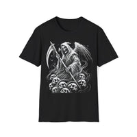 Macabre Threads Black Death’s Dominion – Grim Reaper Skull Pile T-Shirt