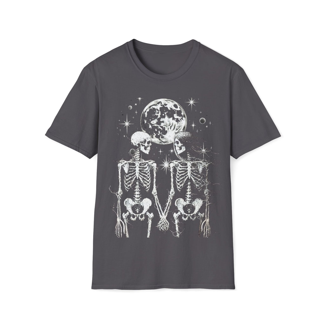 Macabre Threads Charcoal Eternal Soulmates T-Shirt – Gothic Skeleton Lovers Under the Moon
