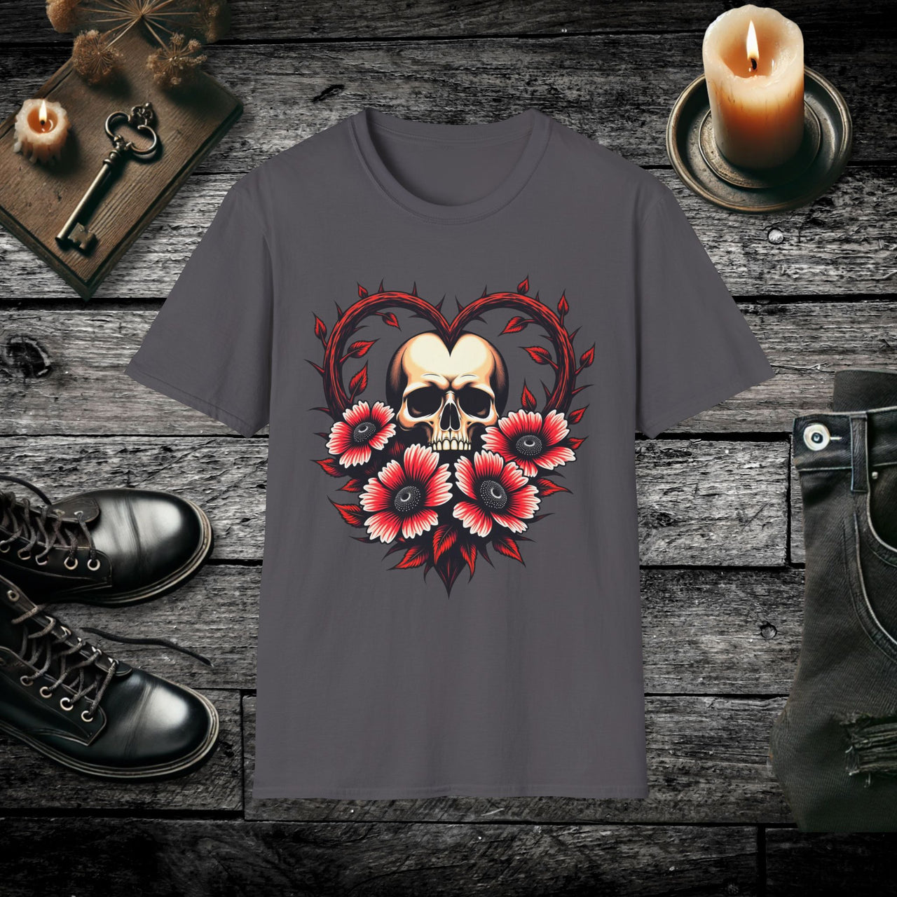 Gothic Bloom Romantic Skull T Shirt – Dark Floral Gothic Tee