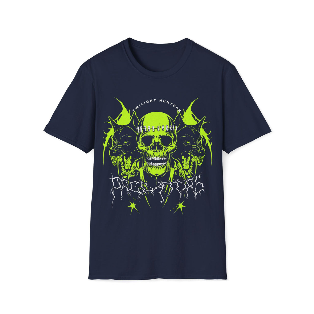 Macabre Threads Navy Twilight Hunters Skull and Wolf T Shirt – Gothic Neon Skull Graphic Tee
