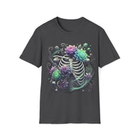 Macabre Threads Dark Heather Phantom Bloom T-Shirt – Gothic Skeleton Floral Design