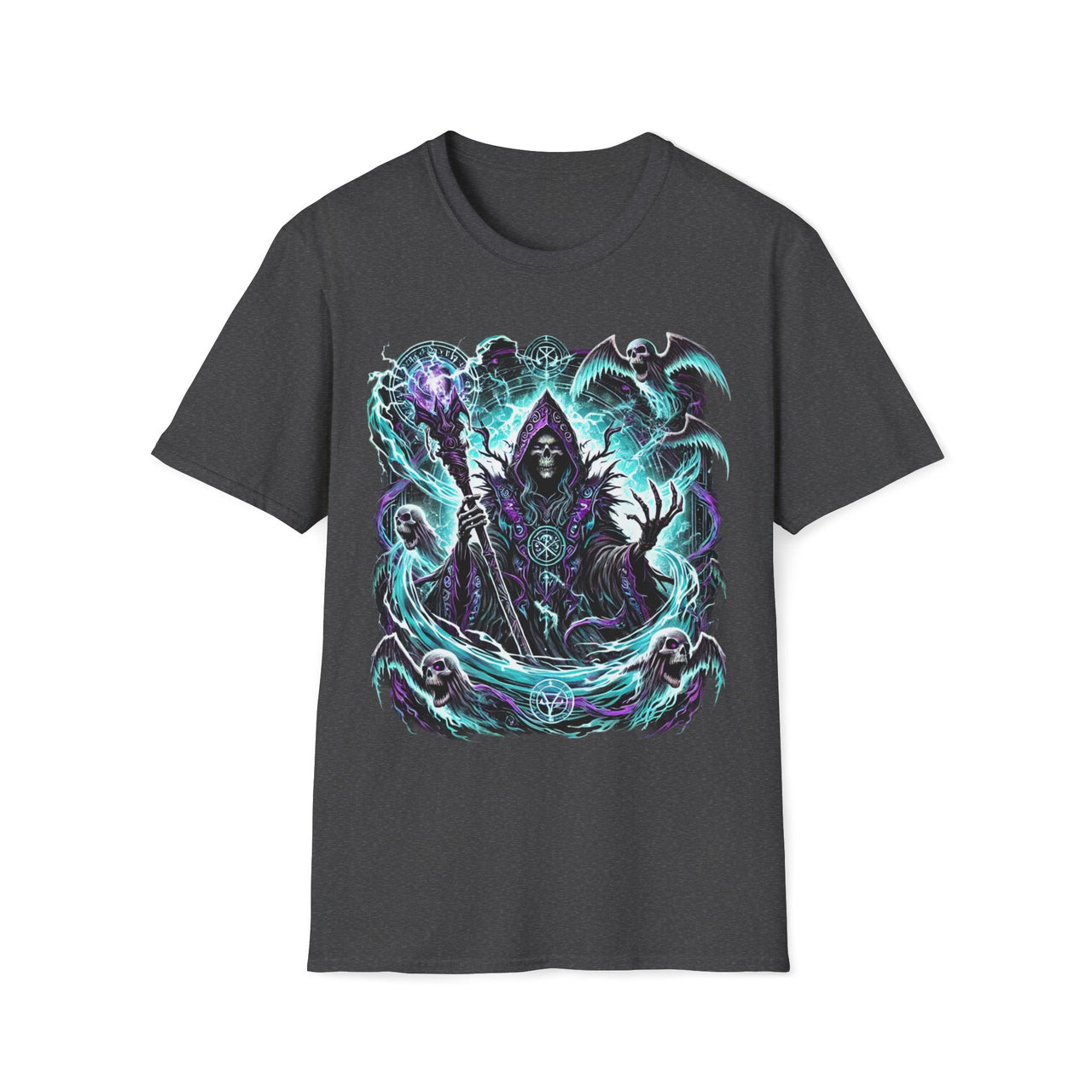 Macabre Threads Dark Heather Spectral Sovereign – Grim Reaper Sorcerer T-Shirt