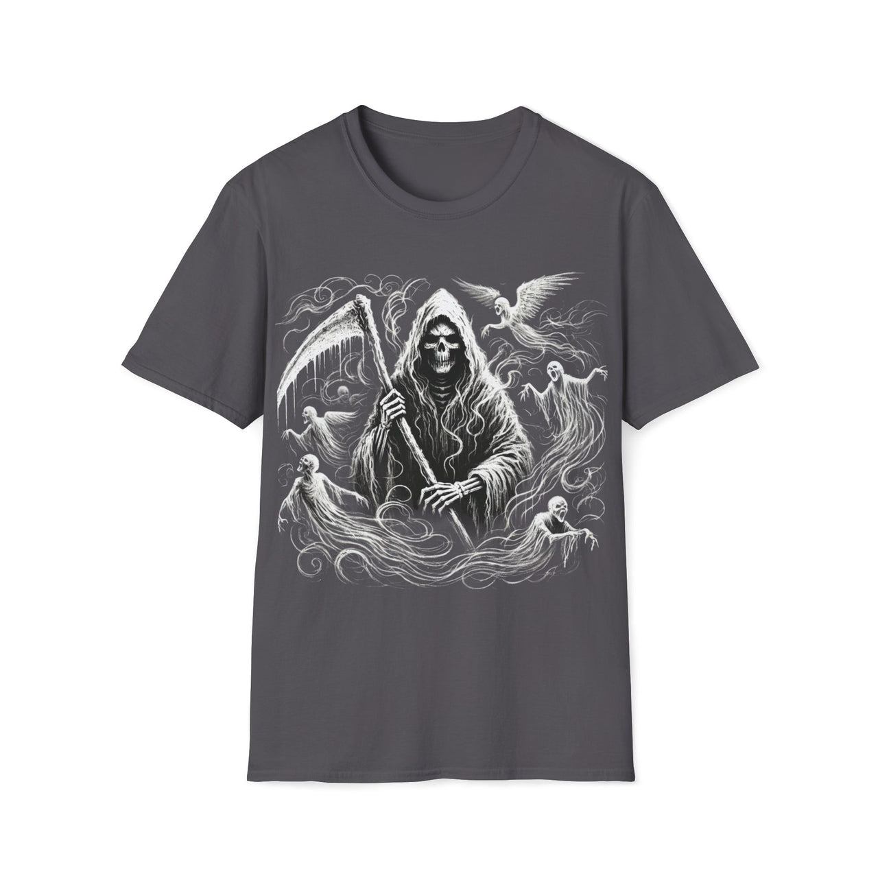 Macabre Threads Charcoal Soul Harvester – Grim Reaper Spirit T-Shirt