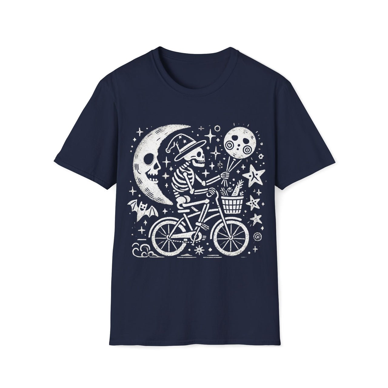 Macabre Threads Navy Midnight Ride T-Shirt – Whimsical Gothic Skeleton Bicycle Design