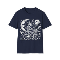 Macabre Threads Navy Midnight Ride T-Shirt – Whimsical Gothic Skeleton Bicycle Design