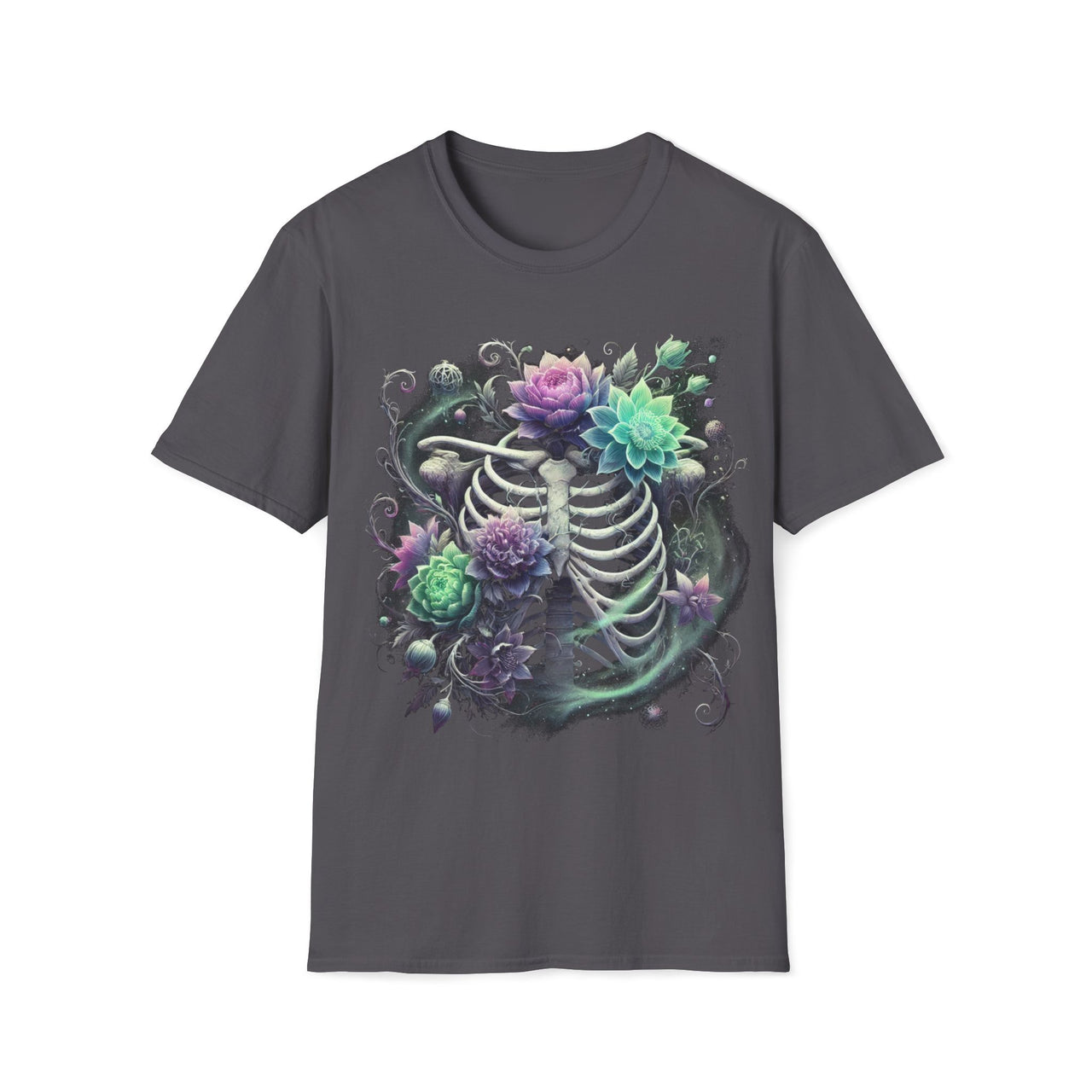 Macabre Threads Charcoal Phantom Bloom T-Shirt – Gothic Skeleton Floral Design
