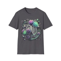 Macabre Threads Charcoal Phantom Bloom T-Shirt – Gothic Skeleton Floral Design