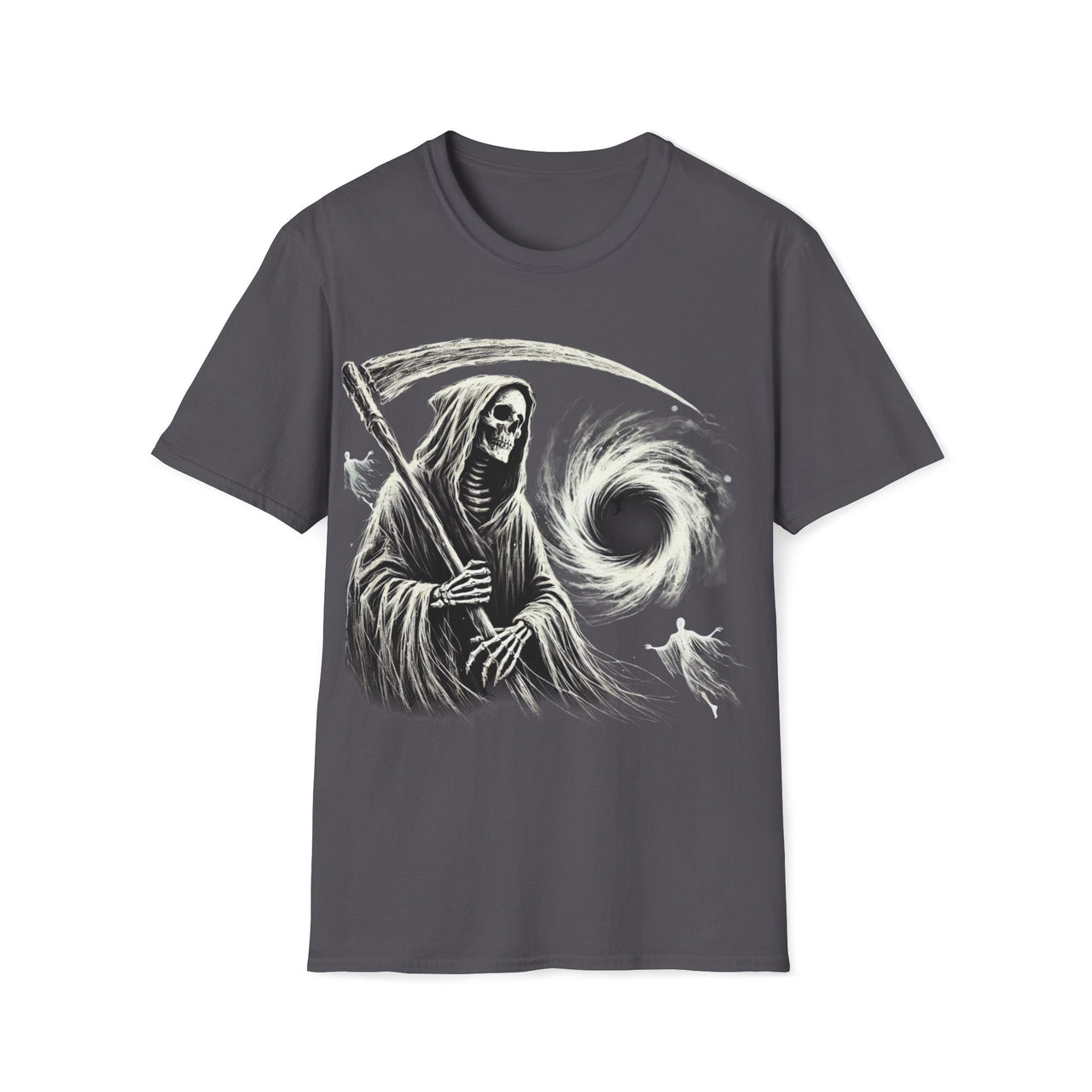 Macabre Threads Charcoal Cosmic Descent – Grim Reaper Black Hole T-Shirt