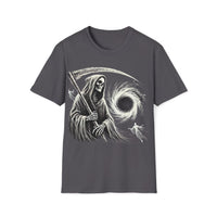 Macabre Threads Charcoal Cosmic Descent – Grim Reaper Black Hole T-Shirt