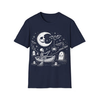 Macabre Threads Navy Graveyard Drift T-Shirt – Whimsical Gothic Skeleton Boat Design