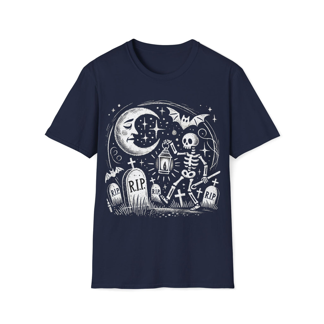 Macabre Threads Navy Lantern’s Glow T-Shirt – Gothic Skeleton Graveyard Design