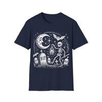 Macabre Threads Navy Lantern’s Glow T-Shirt – Gothic Skeleton Graveyard Design