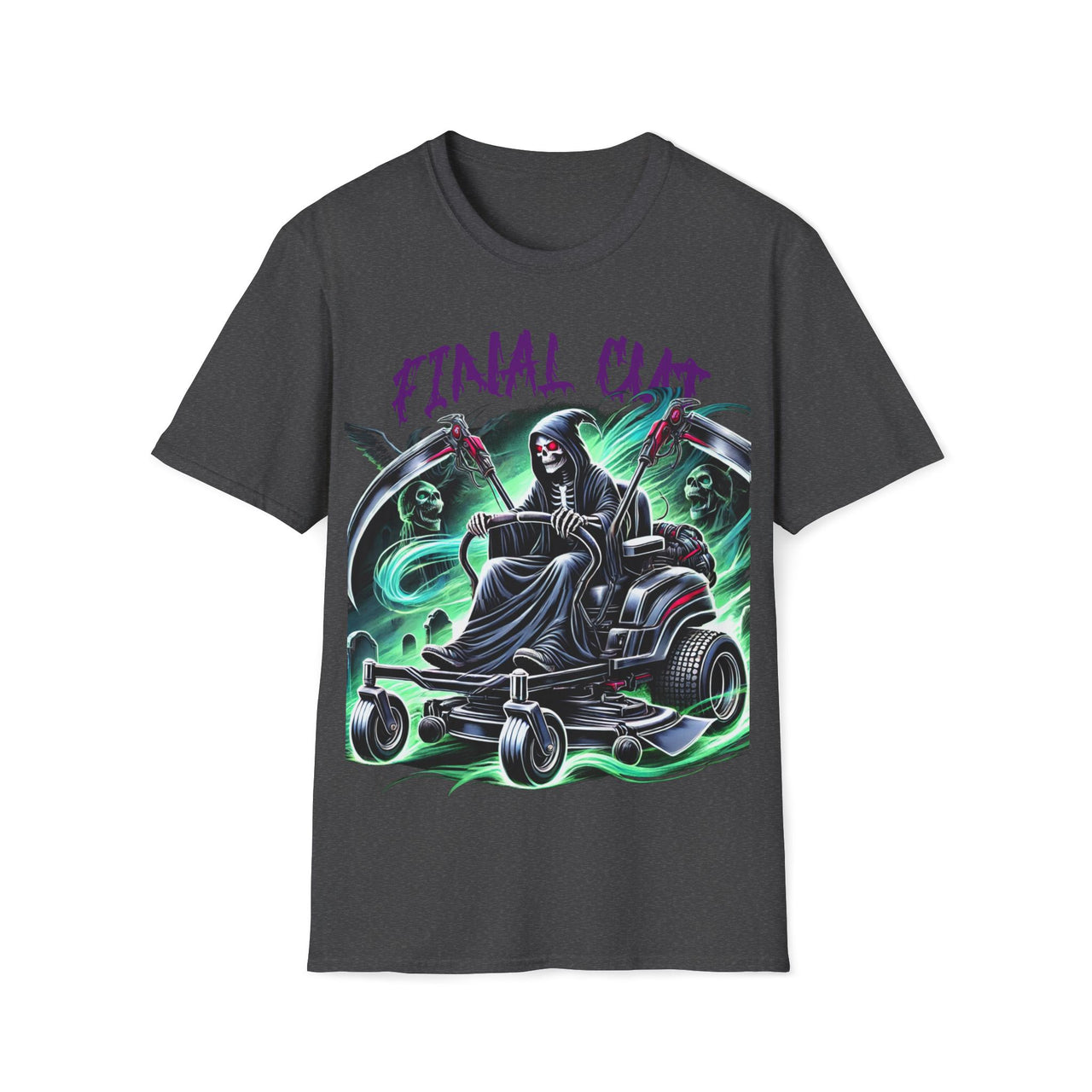 Macabre Threads Dark Heather Final Cut – Grim Reaper Lawn Mower T-Shirt