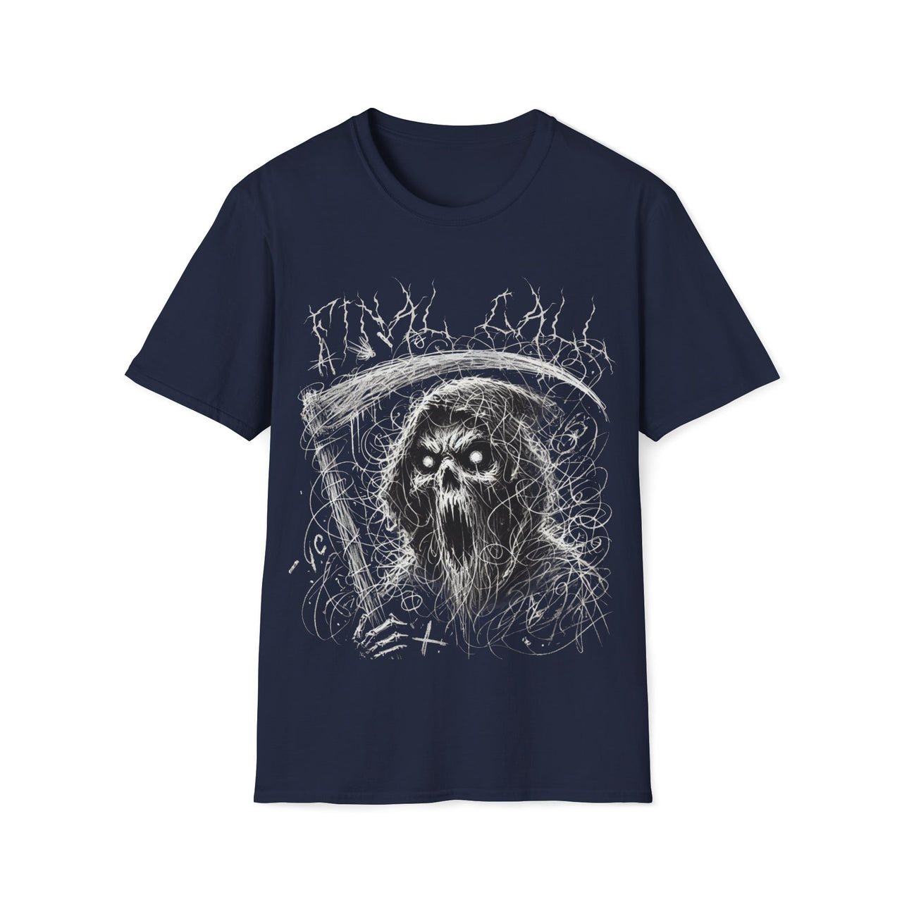 Macabre Threads Navy Final Call – Chaotic Sketch Reaper Tee