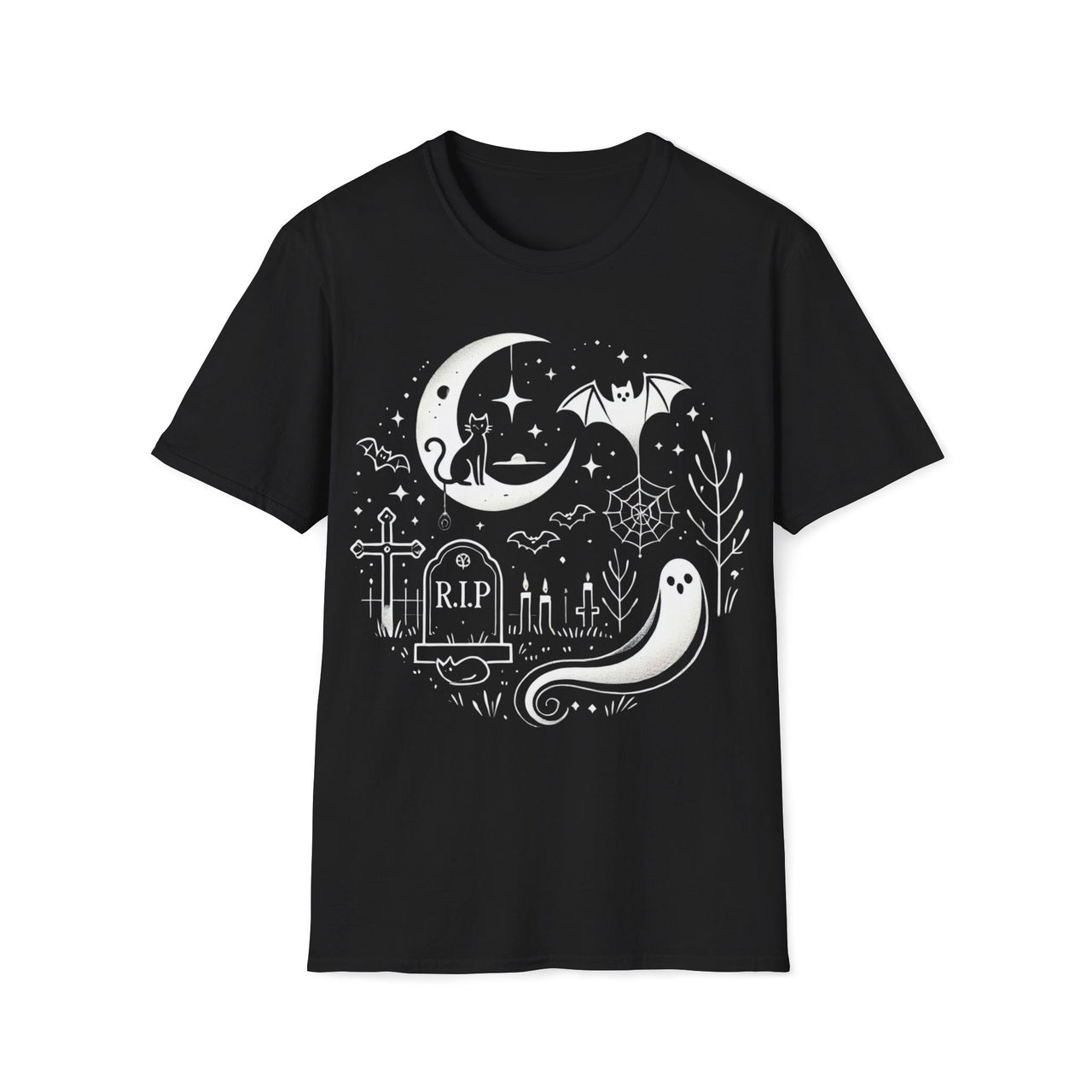 Macabre Threads Black Graveyard T-Shirt | Whimsical Halloween Ghost Tee