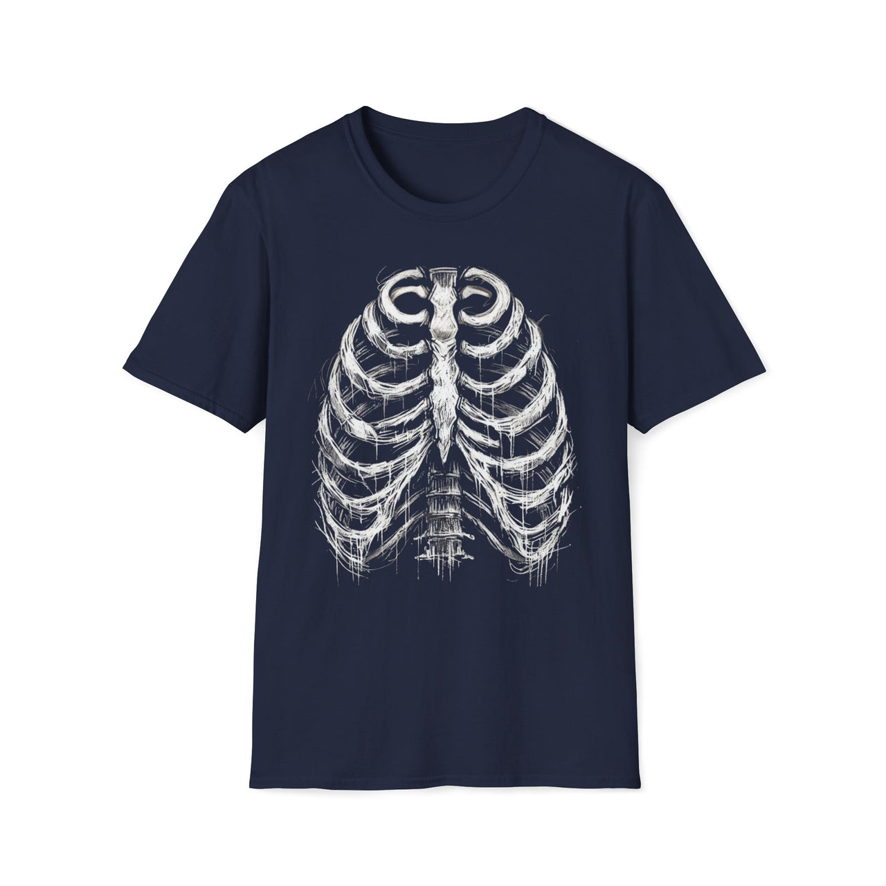 Macabre Threads Navy Hollow Remains T-Shirt – Distressed Ribcage Skeleton Design