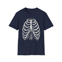 Macabre Threads Navy Hollow Remains T-Shirt – Distressed Ribcage Skeleton Design