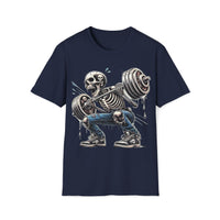 Macabre Threads Navy Dead Weight - Skeleton Lifting Shirt for Gym Rats & Goth Lifters