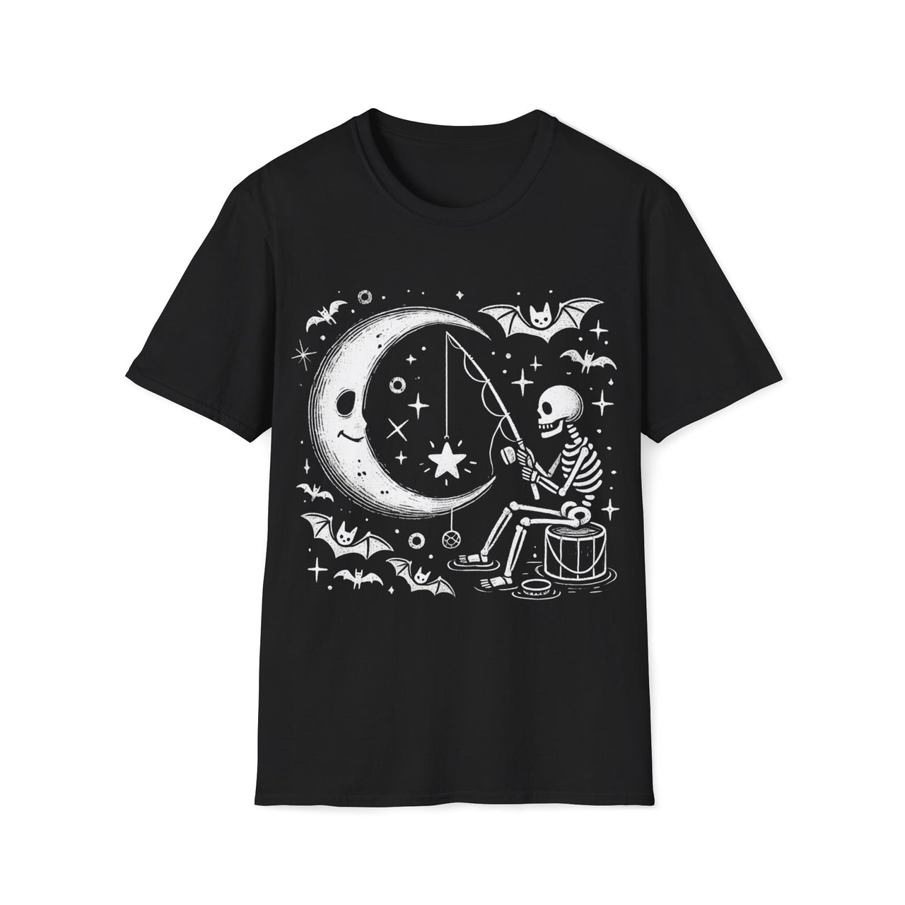 Macabre Threads Black Starlight Catch T-Shirt – Whimsical Gothic Skeleton Design