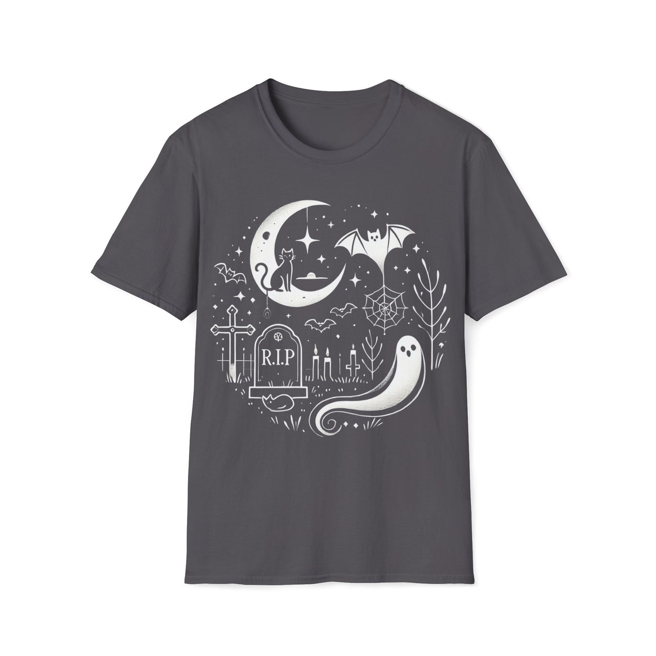 Macabre Threads Charcoal Graveyard T-Shirt | Whimsical Halloween Ghost Tee