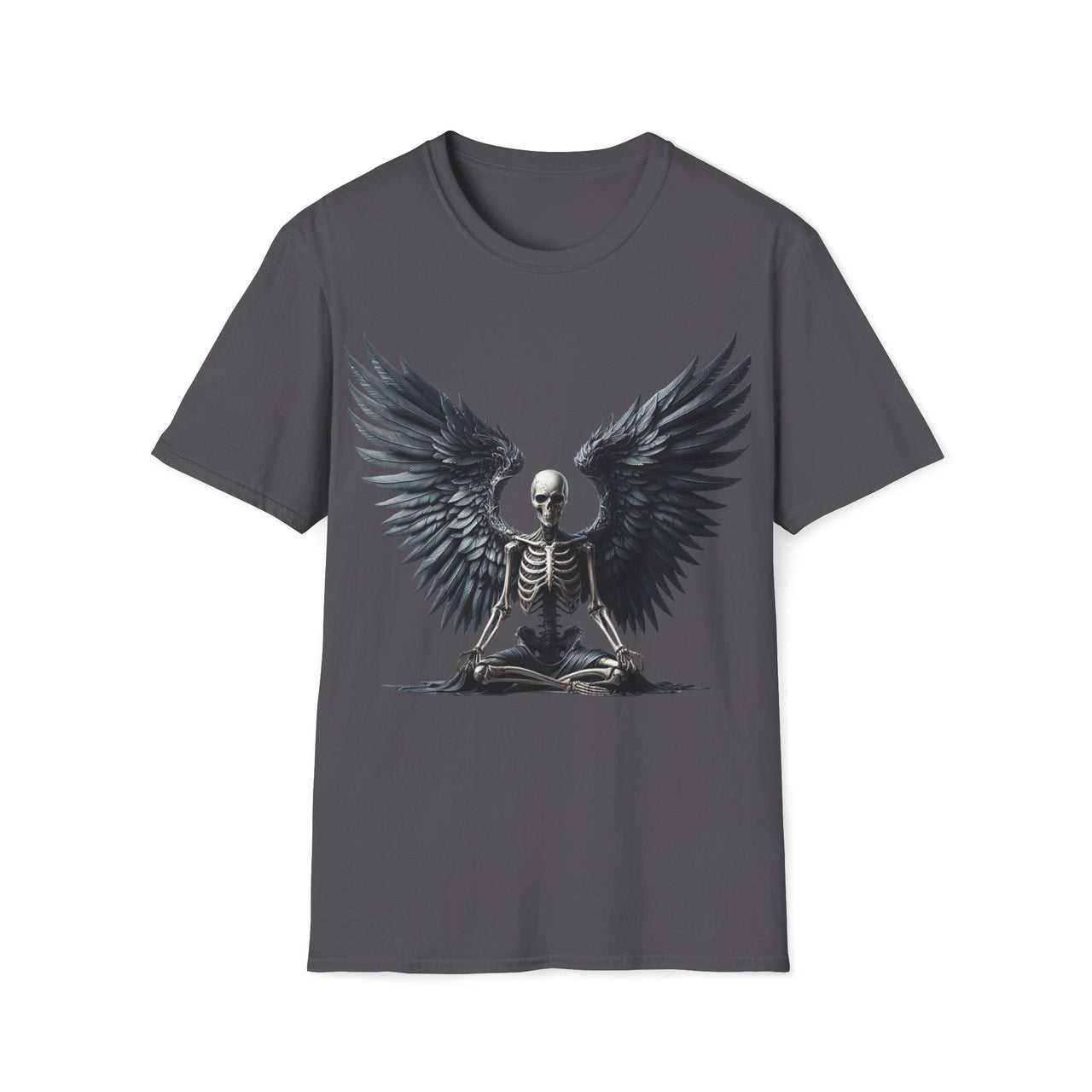 Macabre Threads Charcoal Meditative Grace T-Shirt – Skeleton Angel with Wings Design
