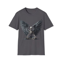 Macabre Threads Charcoal Meditative Grace T-Shirt – Skeleton Angel with Wings Design