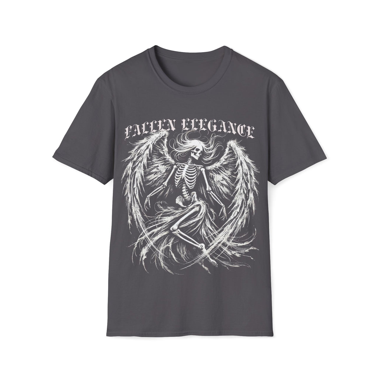 Macabre Threads Charcoal Fallen Elegance T-Shirt – Gothic Skeleton Angel Tee