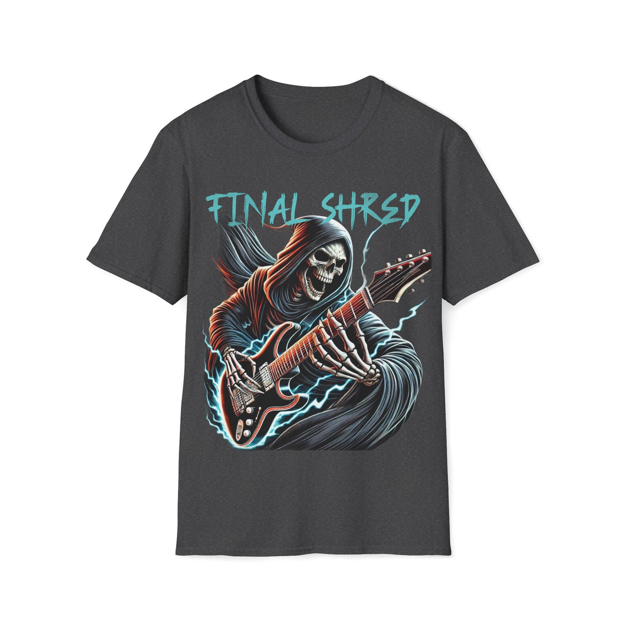 Macabre Threads Dark Heather Strings of Fate – Grim Reaper Guitar T-Shirt