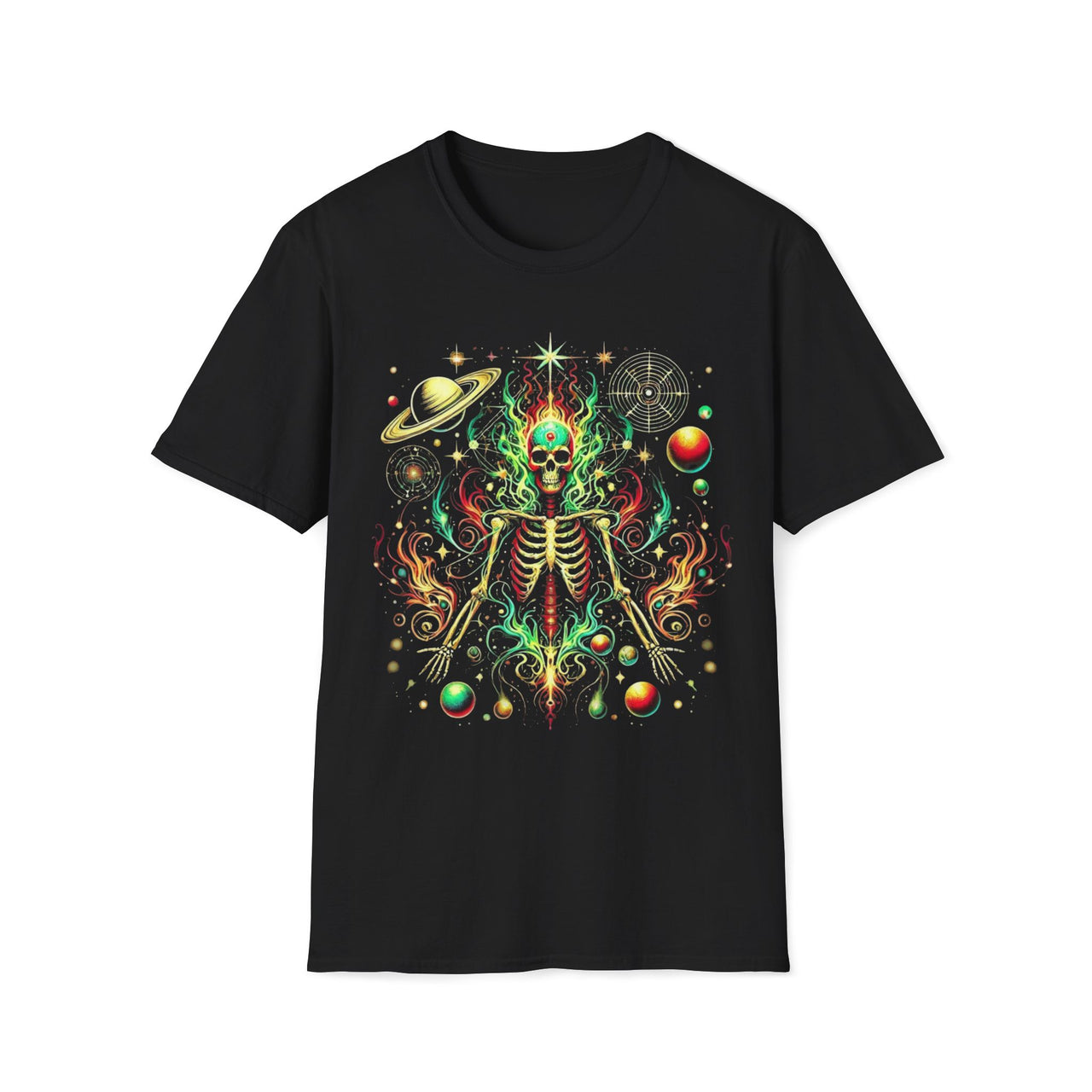 Macabre Threads Black Stellar Revenant T-Shirt – Cosmic Skeleton Fire Design